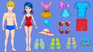 Paper dolls Ladybug and Cat Noir go to the sea family dress up costumes dresses papercrafts