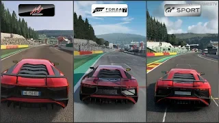 Assetto Corsa vs Forza 7 vs GT Sport - Lamborghini Aventador LP 750-4 Superveloce '15 at SPA