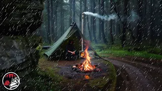 Hot Tent Wild Camp - Cold Rain with a Warm Fire ASMR Adventure