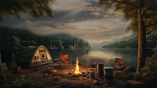 Lakeside camping tent with fire burning in forest, sounds for sleeping, relaxing music, ASMR sounds
