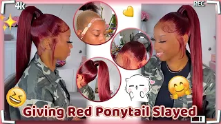 🍒GENIE PONYTAIL | 2 Frontals Ponytail w/ Red Burgundy Hair Weave Ft.#ULAHAIR