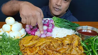 Eating Spicy Oily Chicken Skin Curry, Boiled Egg, Onion, Salad With Basmati Rice || Asmr Mukbang 😋