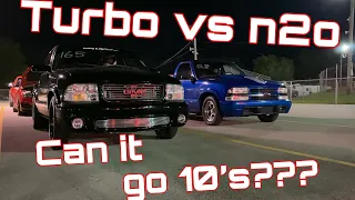 10 Second 5.3l S10 on a 150 Shot? // Nitrous S10 vs. Turbo S10 1/4 Mile Battle!