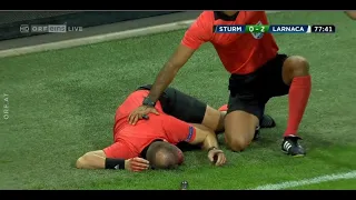 Referee knocked out at a football game.