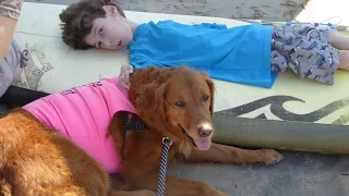 Surf Dog Ricochet & 7 year old Aaron surf for SMA