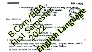 B.Com/BBA 1st Semester English Question paper 2022 // B.com/BBA first semester question paper 2022