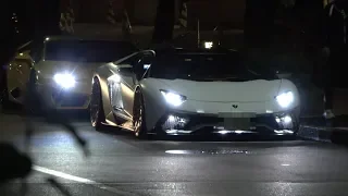 ビル群に反響するV12サウンド‼ハロウィンの夜に電飾を輝かせながら爆音を轟かせる ランボルギーニ アヴェンタドールS ＆ウラカン in赤坂見附 Lamborghini Aventador S