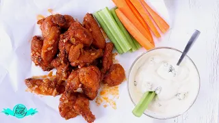 CRISPY FRIED BUFFALO WINGS WITH BLUE CHEESE DIP