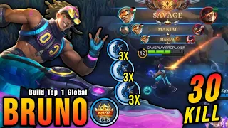 SAVAGE & 2x MANIAC!! 30 Kills Bruno The Real Monster Marksman!! - Build Top 1 Global Bruno ~ MLBB