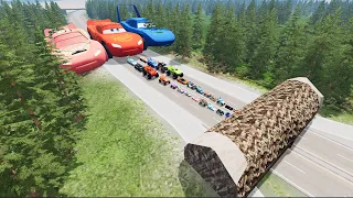 Big & Small Lightning McQueen Boy,Tow Mater vs Dinoco,Pixar Car vs Fallen Tree Domino😱-BeamNG.Drive