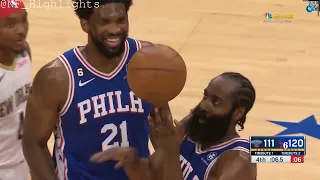 James Harden spins the ball on his finger while Embiid tries to steal it at end of game #shorts