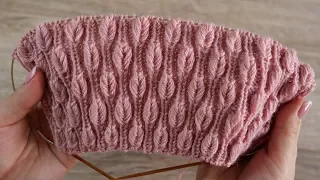 «Объёмные листики на резинке» узор спицами | «Volume leaves in rib» knitting pattern