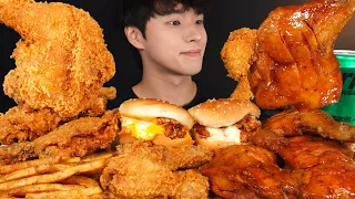 ASMR MUKBANG FRIED CHICKEN & CHEESE CHICKEN SANDWICH & BBQ GRILLED CHICKEN & FRENCH FRIES MUKBANG