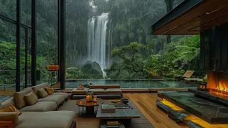 Soothing Jazz Music And Crackling Fireplace In Living Room - Warm Jazz With Waterfall On Rainy Day