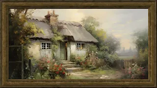 Cozy English Cottage with Flower Garden, Impressionist Oil Painting | Framed Art Screensaver for TV