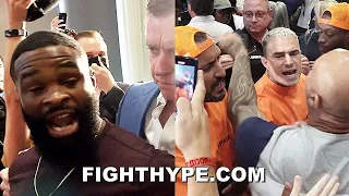 (2ND ANGLE) TYRON WOODLEY NEAR BRAWL WITH JAKE PAUL TEAM; UP-CLOSE LOOK AS ALL HELL BREAKS LOOSE