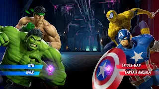 Hulk & Ryu VS Spiderman & Captain America (Hardest AI) - Marvel vs Capcom: Infinite