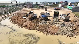 Excellent Project Landfill , Bulldozer KOMATSU D31P Push Soil and Many 5 Ton Truck Unloading Soiled