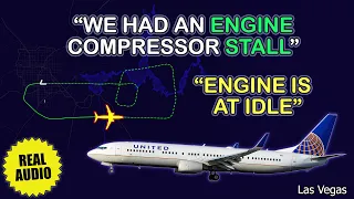 Engine stall compressor. One engine is at idle. United Boeing 737 returns to Las Vegas. Real ATC