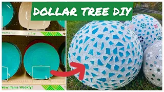 DOLLAR TREE DIY CONCRETE BALLS  WITH CERAMIC PLATES. MOSAIC CEMENT GARDEN BALLS SPHERES