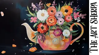 Easy Autumn Floral teapot 🌟🎨 How to paint acrylics for beginners: Paint Night at Home