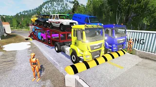 Double Flatbed Trailer Truck vs speed bumps|Busses vs speed bumps #18 BeamngTURBO games