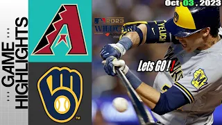 Milwaukee Brewers vs Diamondbacks [TODAY] NL Wild Card Game 1 (10/3/23) | MLB Postseason 2023