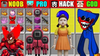 Minecraft NOOB vs PRO vs HACKER vs GOD FNF HUGGY WUGGY SQUID DOLL TRICKY CRAFTING CHALLENGE