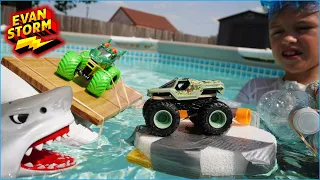 Monster Trucks Sink or Float Challenge Swimming Pool Family Fun