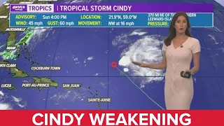 Sunday evening tropical update: Cindy weakening, running out of life