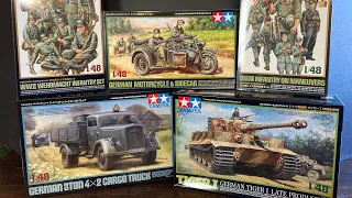 WW2 Tamiya 1/48 scale kit reviews. German Infantry, Tank, Cargo Truck, Motorcycle and Sidecar