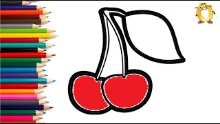 How to draw a cherry. Coloring page/Drawing and painting for kids. Learn colors.