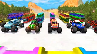 HT Gameplay Crash #149 | Monster Trucks & Decker Bus vs Slide Color with Car vs Deep Water