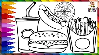 Dibuja y Colorea Comida Rapida 🍔🍕🌭 Dibujo De Hamburguesa, Pizza Y Hot Dog - Dibujos Para Niños