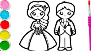Cute Bride & Groom Drawing Painting Colouring for kids Toddlers | How to draw bride & groom easy