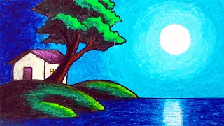 Beautiful Moonlight Scenery Drawing for Beginners | How to Draw Easy Scenery of Moon Light in a Lake