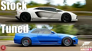 Forza Horizon 4: Stock vs Tuned! Lamborghini Aventador vs Nissan R34 GT-R!