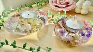 Beautiful Resin Tea Light Candle Holders With Rose Quartz and Flowers