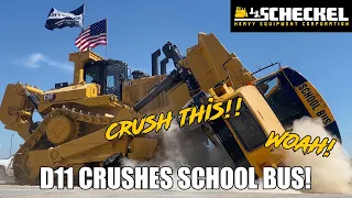 Wow! CAT D11 Dozer vs School Bus!
