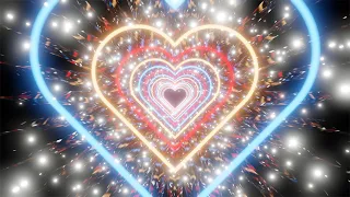 Tunnel of Multicolored NEON Hearts on a mirrored background. Video Loop