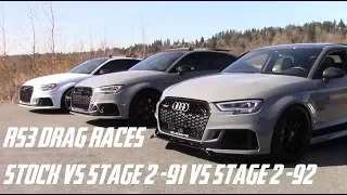 RS3 1/4 Mile Runs - Stage 2 (92 Octane) VS Stage 2 (91 Octane) VS Stock