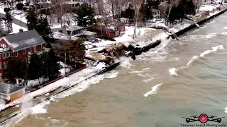 Lake , Michigan Seawalls are Failing along River Walk, Ogden Dunes, West Beach 4K Big Storm Feb