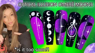 🌜 Optical illusion ombré moons | Cosmic Halloween nail art design | Spooky black & purple nails