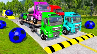 Double Flatbed Trailer Truck vs Speedbumps Train vs Cars | Tractor vs Train Beamng.Drive 042