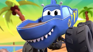 Monster trucks for children - Marty the Monster Shark & Moe the Monster Tow Truck are Racing