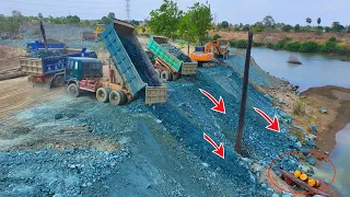 New Project!!! Resize Road by Excavator Pushing Rock to Canal with Many Dump Truck 10 Ton Unloading