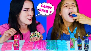 ASMR Candy Race Pink and Blue with Sour and Sweet | Eating Sounds LiLiBu