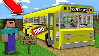 Minecraft NOOB vs PRO: ONLY THIS BUS TAKES NOOB TO MEGA SECRET PLACE FOR 1000$! 100% trolling