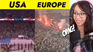 Girl Watches Basketball fans culture USA vs Europe - REACTION !!!