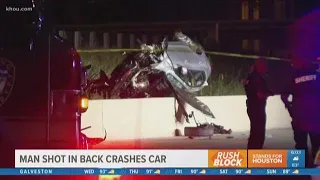 Man crashes car after being shot in back